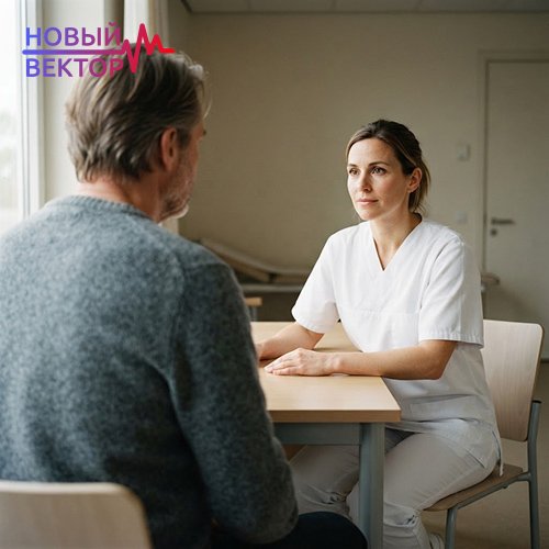 Врач-нарколог консультирует мужчину в медицинском кабинете, обсуждая снятие кодировки от алкоголизма и особенности прекращения действия кодирования