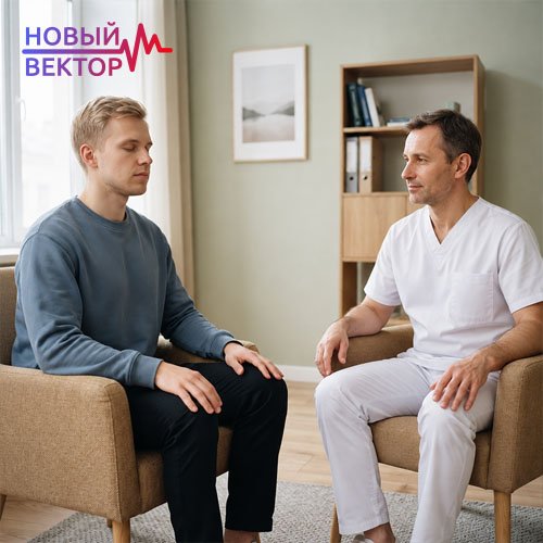 Врач-нарколог проводит сеанс кодирования по методу Довженко, помогая мужчине преодолеть алкогольную зависимость с помощью психотерапевтического воздействия
